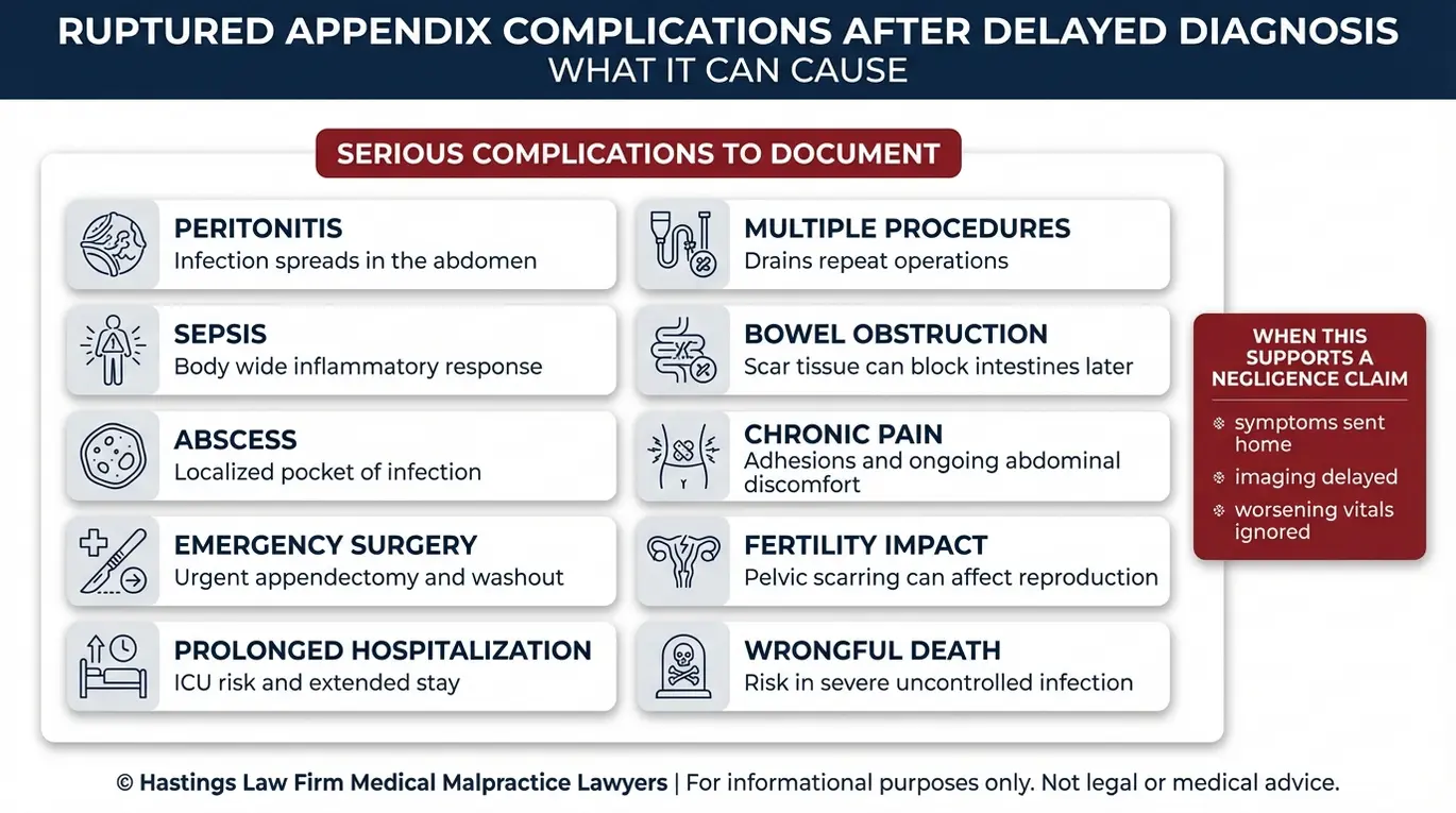 Lista de verificación de las complicaciones de la ruptura del apéndice, entre ellas la peritonitis y la sepsis, que un abogado especializado en diagnósticos erróneos de apendicitis en Arizona revisa en los casos de diagnóstico tardío.