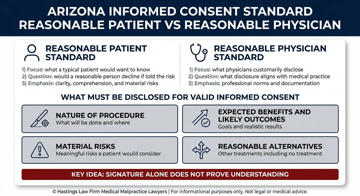 Comparison chart explaining the Arizona Failure to Obtain Informed Consent Lawyer topic showing reasonable patient versus reasonable physician standards and the required disclosures of procedure nature benefits material risks and alternatives.