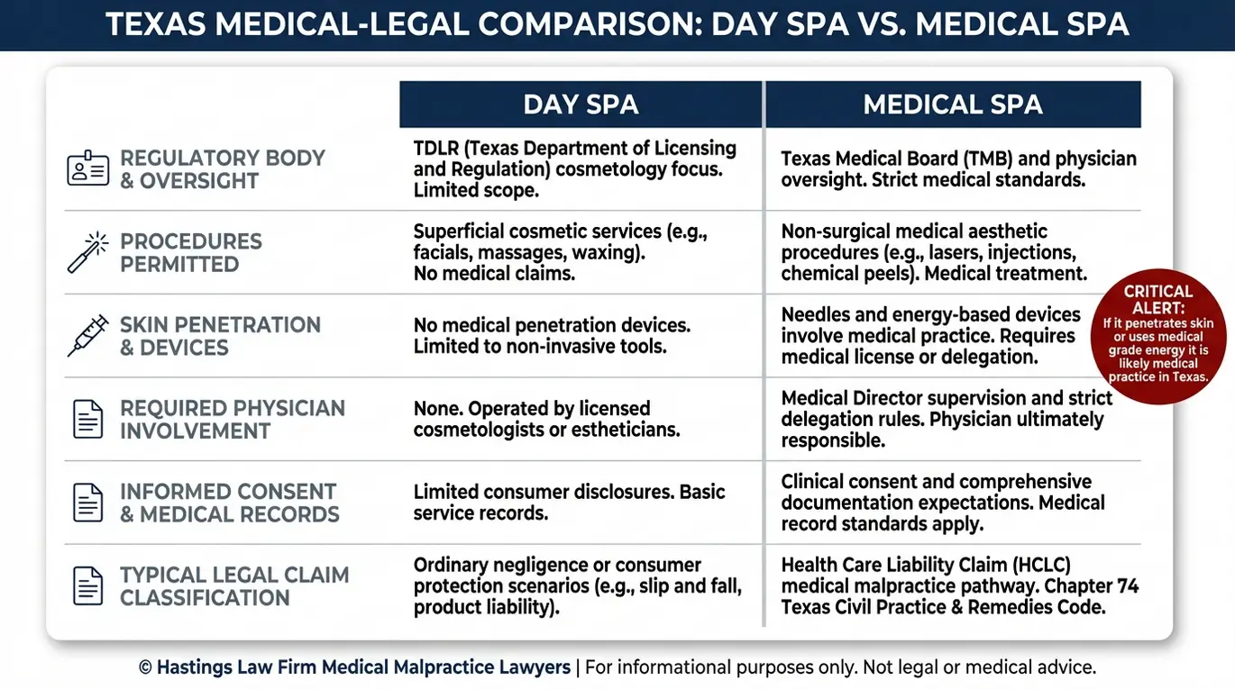 Tabla comparativa que explica cómo un abogado especializado en negligencia médica de Texas Medical Spa distingue los spas de día de los spas médicos en función de la supervisión regulatoria, los procedimientos permitidos, la supervisión médica y la documentación médica.