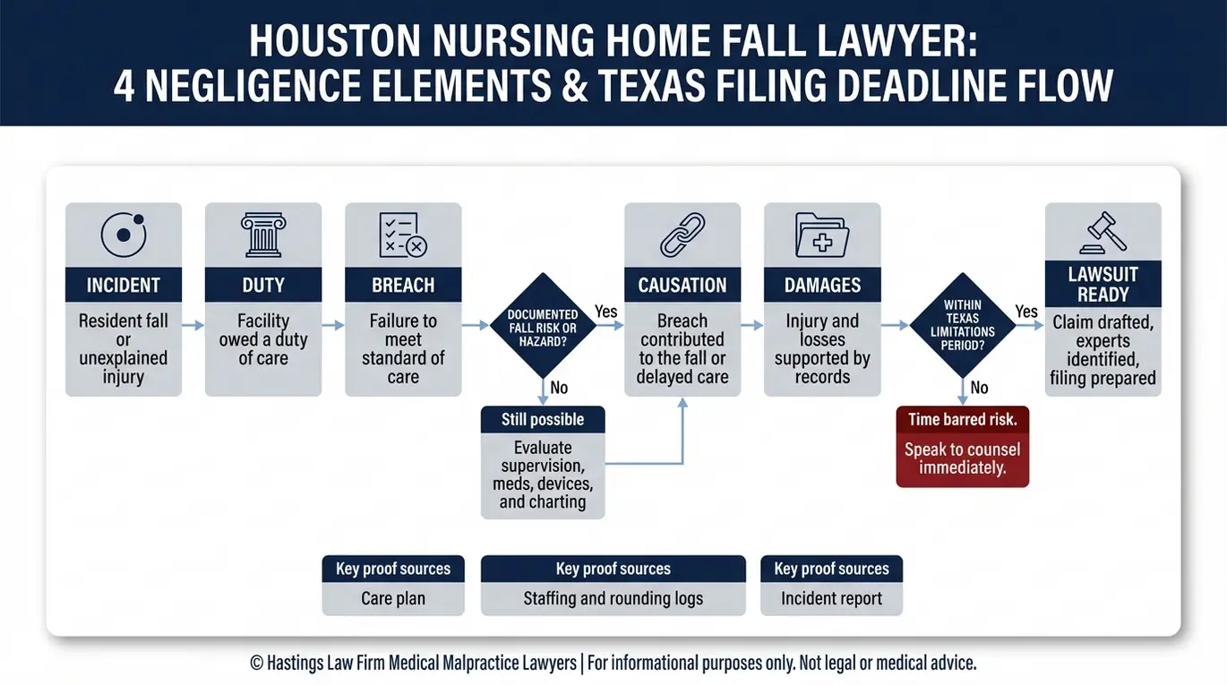 Process flowchart outlining how a Houston Nursing Home Fall Lawyer proves duty, breach, causation, and damages with decision points for documented risk and Texas statute of limitations timing.