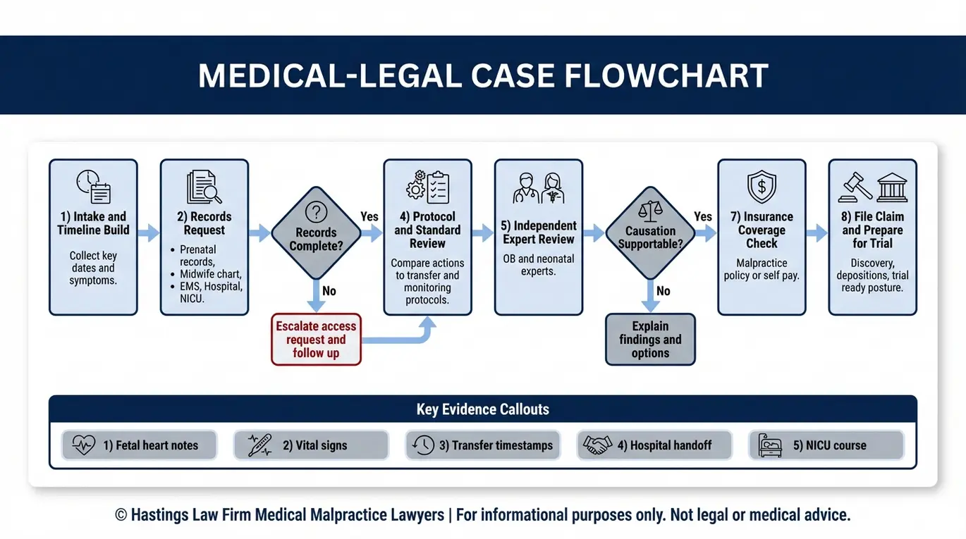 Process flowchart for a Texas Home Birth Negligence Lawyer showing steps to investigate a home birth negligence claim from records requests and expert review to filing and trial preparation.