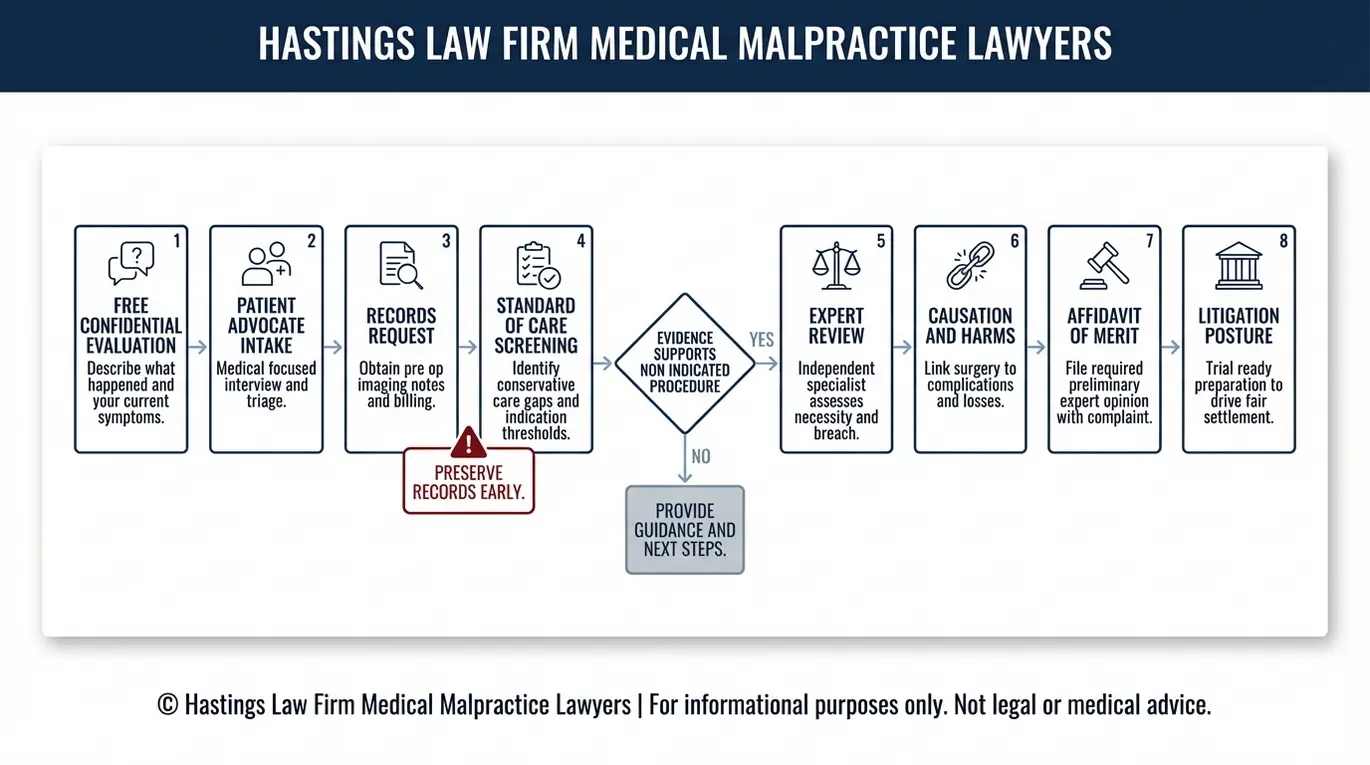 Diagrama de flujo que describe cómo un abogado especializado en cirugías innecesarias de Arizona investiga una demanda por negligencia quirúrgica, desde la admisión del caso por parte del defensor del paciente hasta la revisión de los expedientes, la declaración jurada de mérito del perito y el litigio.