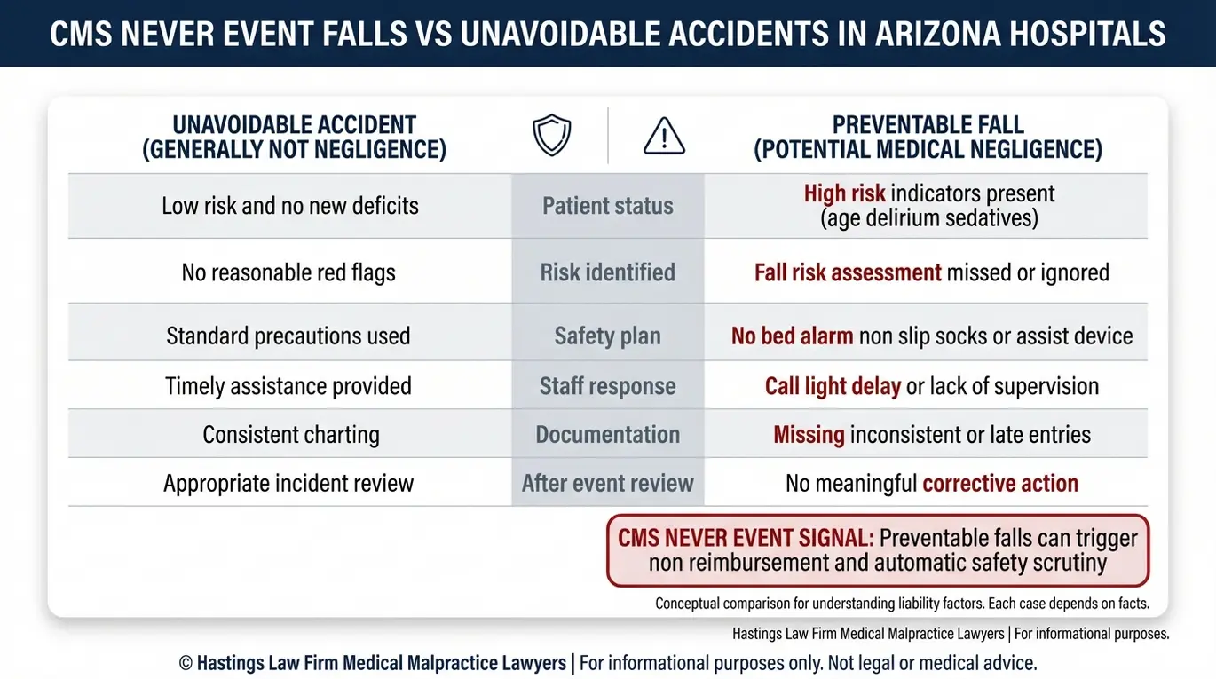 Tabla comparativa que explica cómo un abogado especializado en caídas de pacientes en hospitales de Arizona distingue entre las caídas evitables (denominadas «Never Events» por los CMS) y los accidentes inevitables, basándose en factores relacionados con el deber de diligencia y el nivel de atención.