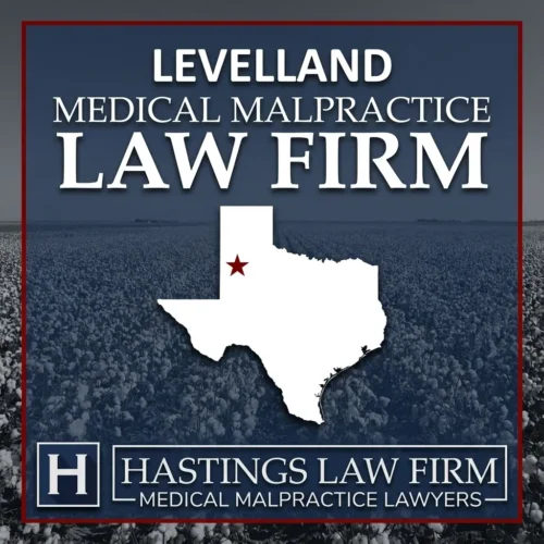 Best Medical Malpractice Attorneys in Levelland Texas A landscape scene of Levelland Texas. A red star pinpoints the location where local Medical Malpractice Lawyers have helped injured patients. The Hastings Law Firm logo appears at the bottom.