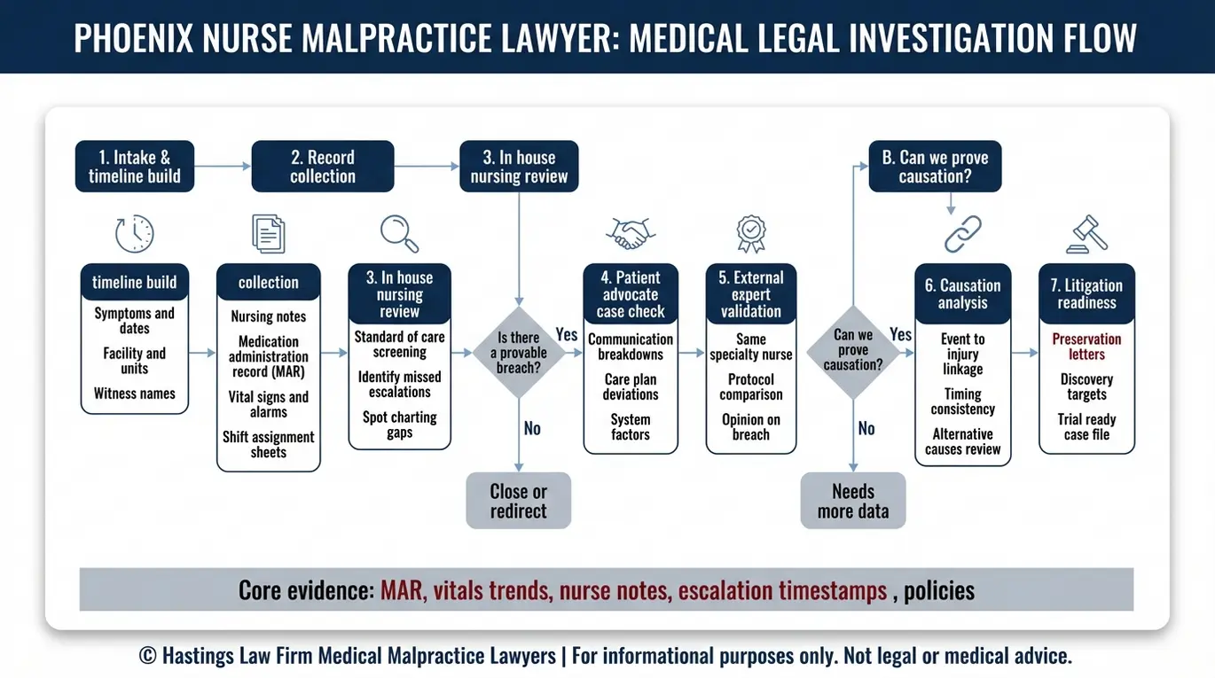 Diagrama de flujo del proceso que sigue el equipo de abogados especializados en negligencia médica de Phoenix para investigar una demanda por negligencia de enfermería, desde la recopilación de registros y la revisión interna por parte de enfermeras hasta la validación por parte de expertos, el análisis de causalidad y la preparación para el juicio.
