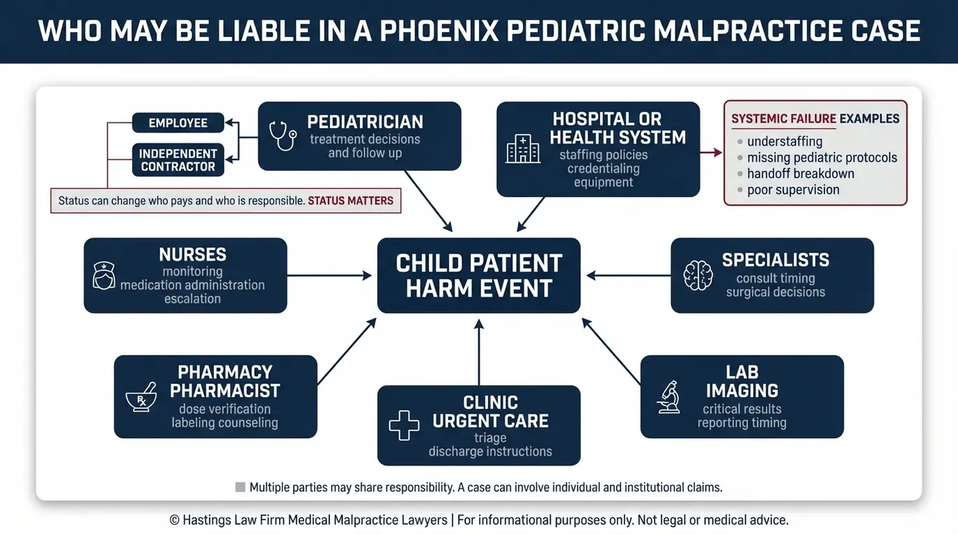 Diagrama de relaciones entre entidades que muestra las conexiones entre las partes responsables en una demanda por negligencia médica pediátrica que podría investigar un abogado especializado en negligencia médica pediátrica de Phoenix, incluyendo pediatras, enfermeras de hospital, especialistas y farmacias.