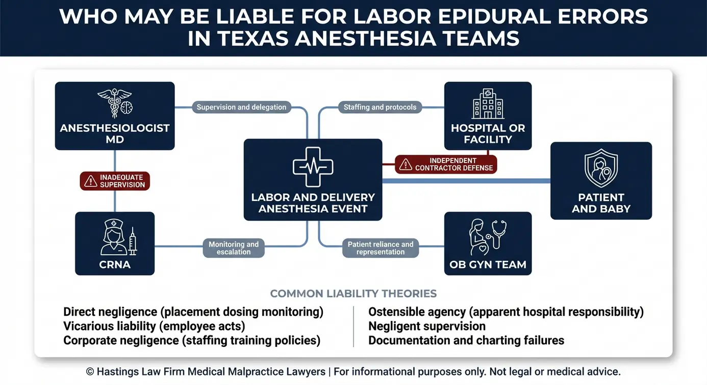 Entity relationship map explaining anesthesiologist CRNA and hospital liability paths for epidural mistakes as outlined by a Texas Maternal Anesthesia Complications Lawyer.