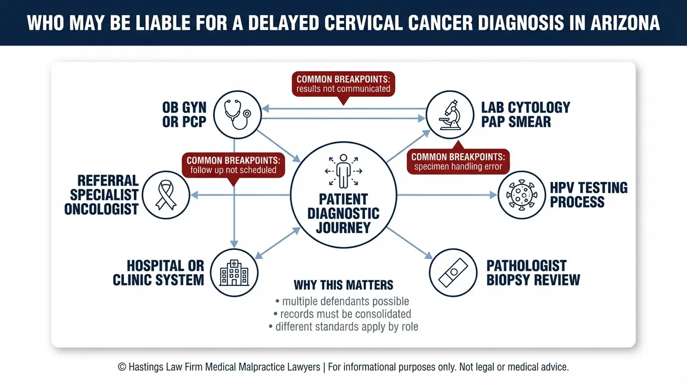 Diagrama de relaciones entre entidades de los posibles demandados y los traspasos de información relevantes para una investigación llevada a cabo por un abogado especializado en casos de diagnóstico erróneo de cáncer de cuello uterino en Arizona, incluyendo las funciones de los ginecólogos-obstetras, los patólogos de laboratorio, los hospitales y los oncólogos.