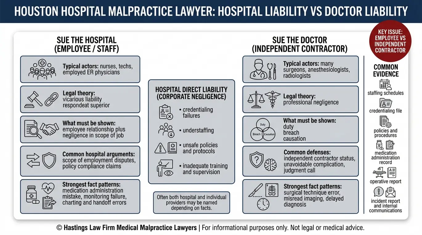 Tabla comparativa que explica las recomendaciones de los abogados especializados en negligencia médica de Houston sobre las diferencias entre demandar a un hospital y demandar a un médico, incluyendo la responsabilidad de los empleados, las defensas de los contratistas independientes y las pruebas de negligencia corporativa.
