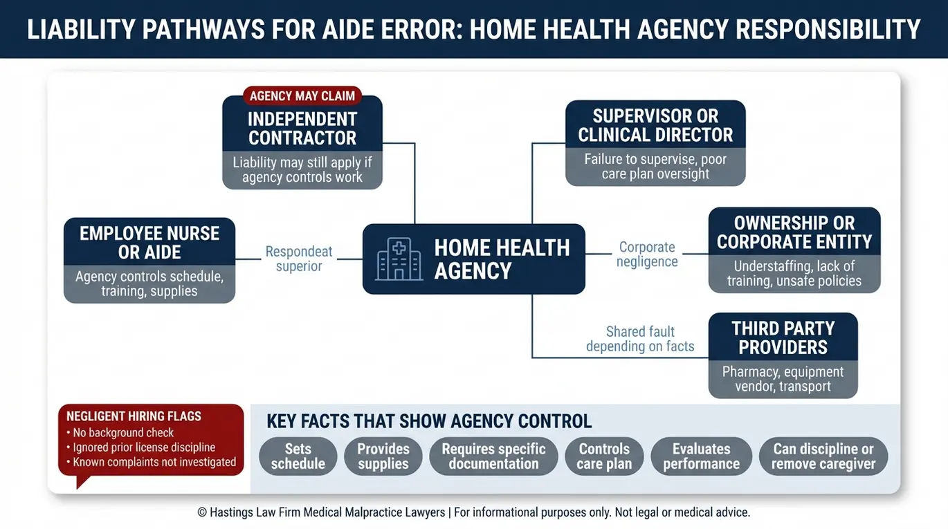 Diagrama de relaciones entre entidades que un abogado especializado en negligencia profesional de proveedores de atención médica a domicilio (Texas) puede utilizar para explicar quiénes pueden ser responsables de la negligencia en la atención médica a domicilio, incluyendo al empleado de la agencia de atención médica a domicilio, al cuidador, al contratista independiente, al supervisor, al propietario de la empresa y a terceros, junto con los indicadores clave del control de la agencia.