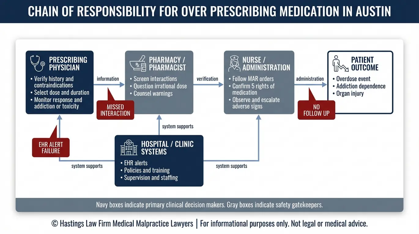 Entity relationship map showing how an Austin Over Prescribing of Medication Lawyer evaluates liability across physician pharmacist nurse and hospital systems leading to overdose addiction or organ injury.