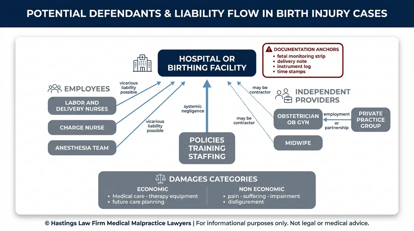 Entity relationship map explaining who can be liable in a delivery error claim for families seeking a Texas Improper Delivery Technique Lawyer including hospital nurses obstetrician contractor status and private practice links.