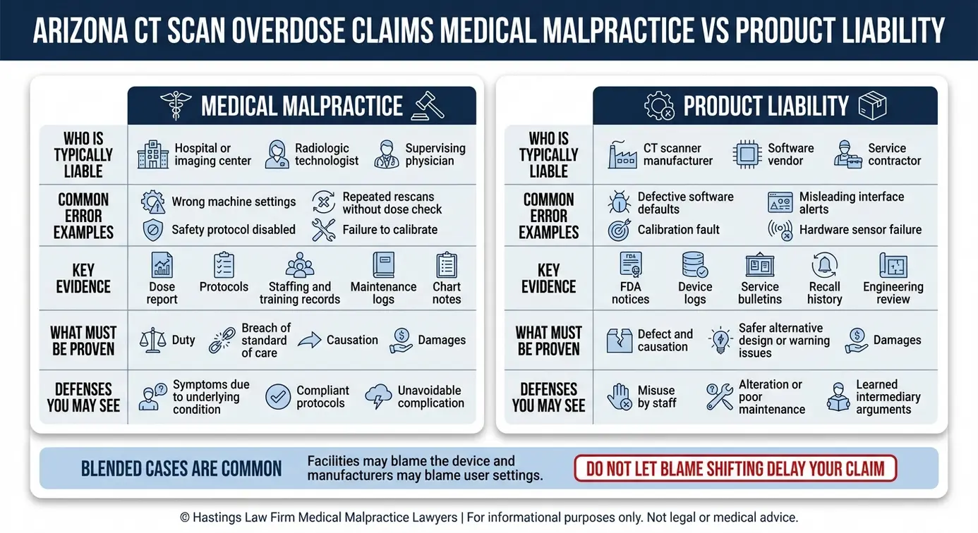 Tabla comparativa para un abogado especializado en sobredosis de radiación en tomografías computarizadas en Arizona, en la que se comparan las vías de demanda por negligencia médica y por responsabilidad por productos defectuosos tras una sobredosis de radiación en una tomografía computarizada.