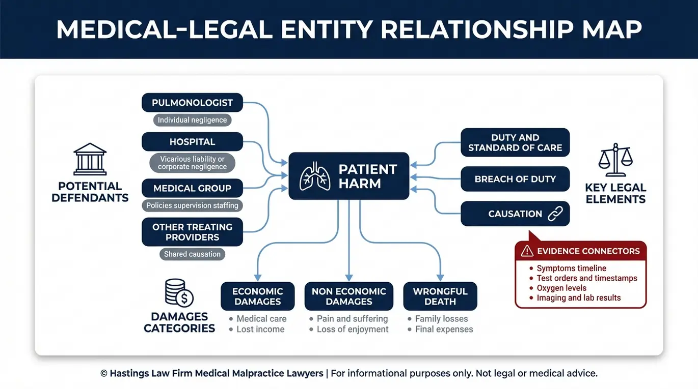 Diagrama de relaciones entre entidades que muestra quién puede ser considerado responsable y cómo se relacionan la causalidad del incumplimiento del deber y los daños y perjuicios en un caso de negligencia médica de un neumólogo en Arizona.