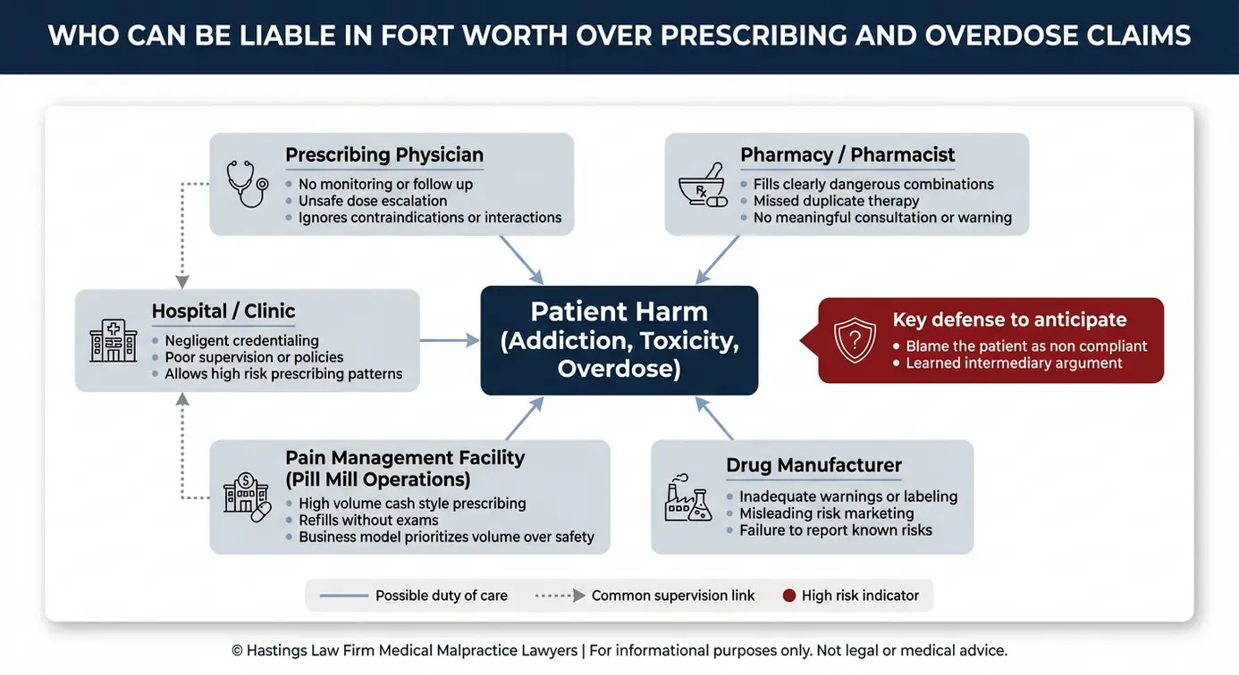Entity relationship map explaining who may be liable in a Fort Worth Over Prescribing of Medication Lawyer claim including physician pharmacy hospital pain clinic and drug manufacturer links to patient harm.