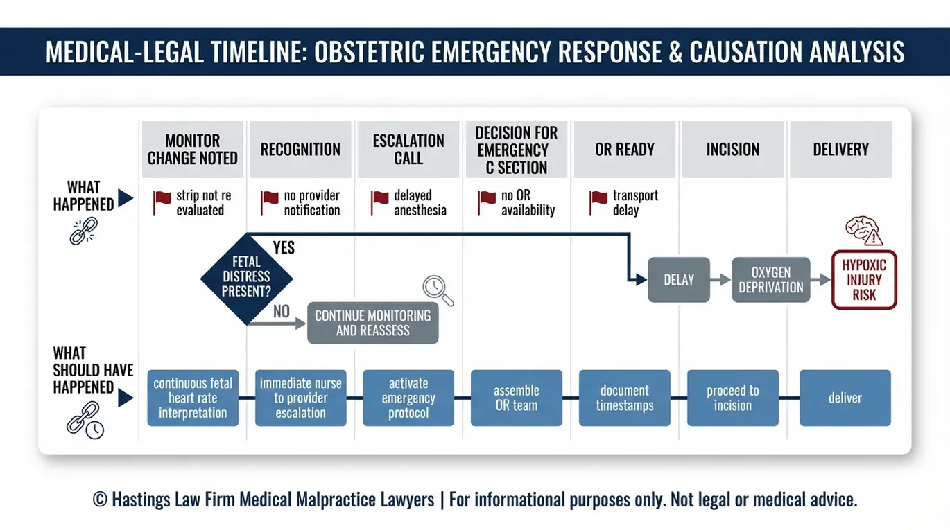 Diagrama de flujo que explica los pasos para reconocer el sufrimiento fetal en una cesárea programada y la cronología de las causas, aspectos que suelen evaluar los abogados especializados en negligencia médica en casos de cesáreas Texas.