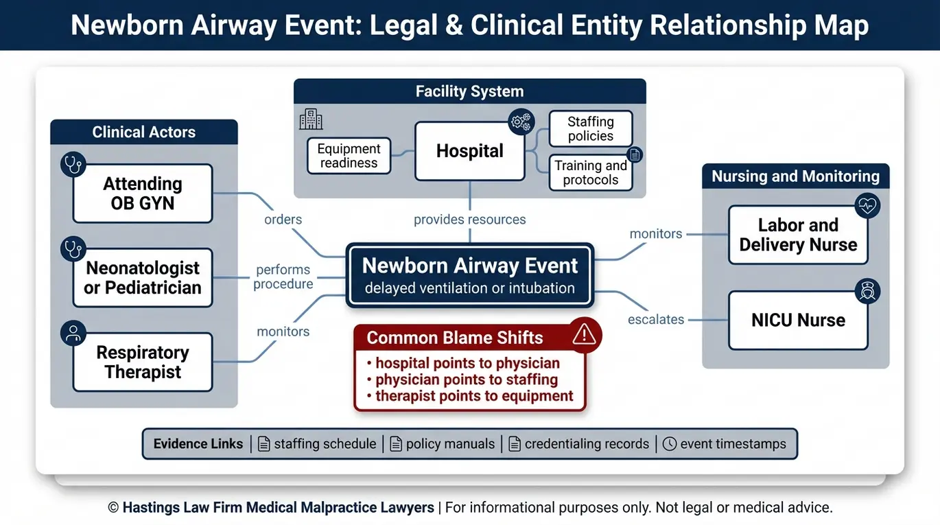 Entity relationship map showing hospital physician nurse and respiratory therapist roles and potential liability pathways used by a Texas Infant Delayed Airway Management Lawyer for delayed intubation cases.
