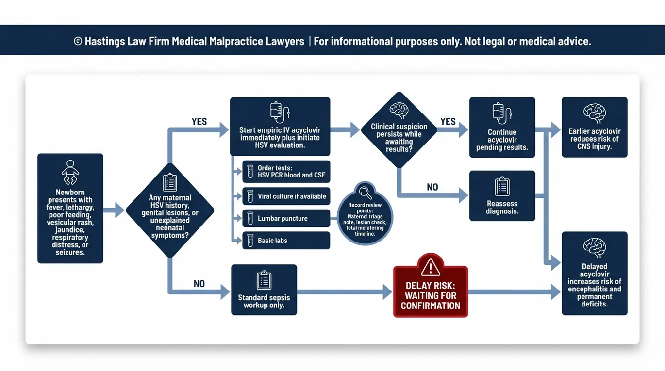 Flowchart showing the time to acyclovir pathway for suspected neonatal herpes including testing and decision points used in Texas Infant Herpes C-Section Error Lawyer case evaluation.
