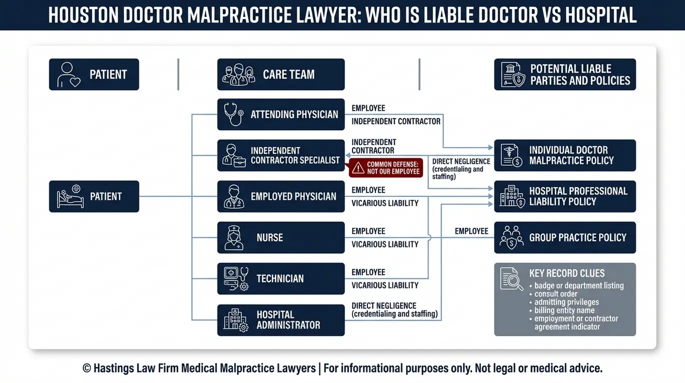 Mapa de entidades que explica la diferencia entre la responsabilidad del médico y la del hospital, y muestra los vínculos entre empleados y contratistas independientes que utiliza un abogado especializado en negligencia médica de Houston para identificar a las partes responsables.