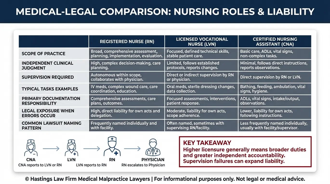 Tabla comparativa en la que se explican los requisitos de supervisión y las diferencias en materia de responsabilidad civil en el ámbito de actuación de enfermeras tituladas (RN), enfermeras vocacionales licenciadas (LVN) y auxiliares de enfermería certificadas (CNA), en relación con una demanda por negligencia profesional presentada ante un abogado especializado en negligencia de enfermería Texas.