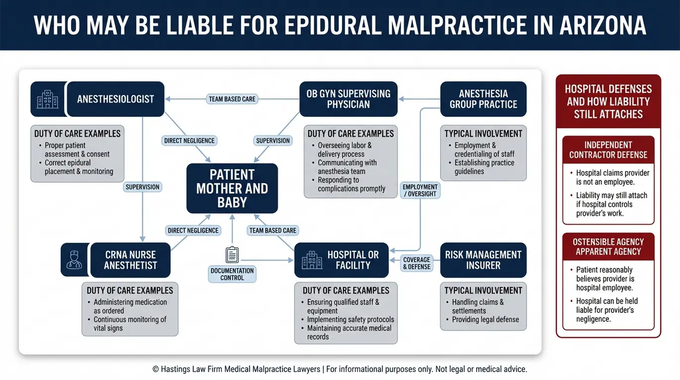 Entity relationship map showing how an Arizona Maternal Anesthesia Complications Lawyer evaluates liability across anesthesiologist CRNA OB GYN and hospital using agency theories.