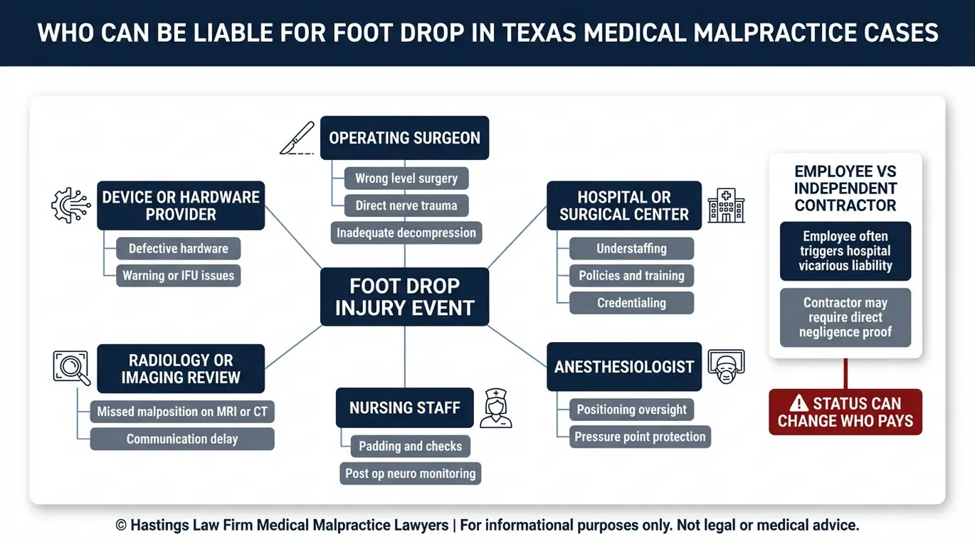 Entity relationship map of potential defendants and liability links for a Texas Drop Foot Lawyer explaining who may be responsible for a foot drop injury.