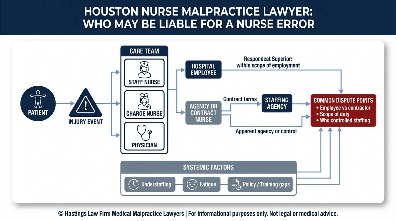 Mapa conceptual que muestra las vías de responsabilidad subsidiaria de los hospitales para el personal de enfermería contratado directamente frente al personal de enfermería de agencias, explicado por un abogado especializado en negligencia médica de Houston.