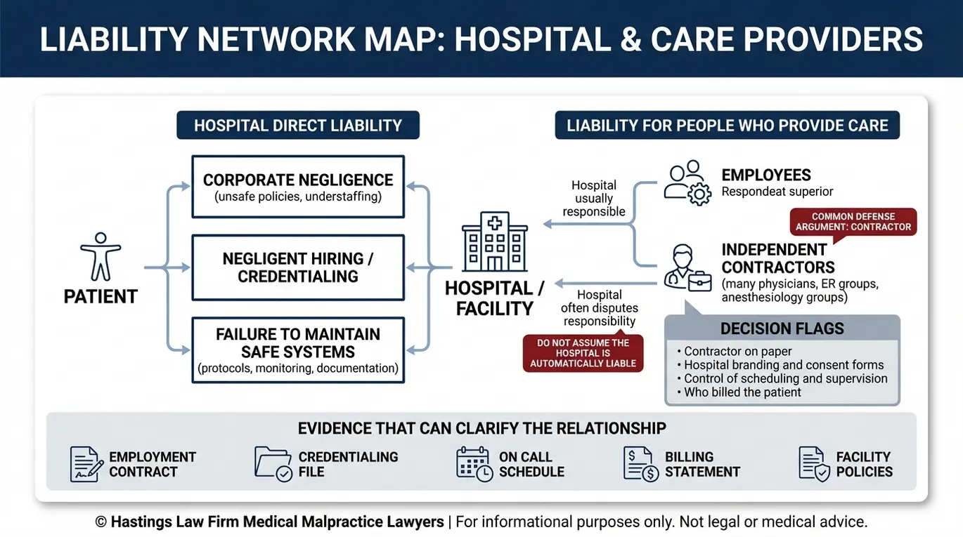 Mapa conceptual que muestra cómo un abogado especializado en negligencia hospitalaria de Arizona evalúa la responsabilidad del hospital, distinguiendo entre la negligencia directa del hospital, la responsabilidad subsidiaria de los empleados y la responsabilidad de los médicos contratados de forma independiente, basándose en documentos probatorios clave.