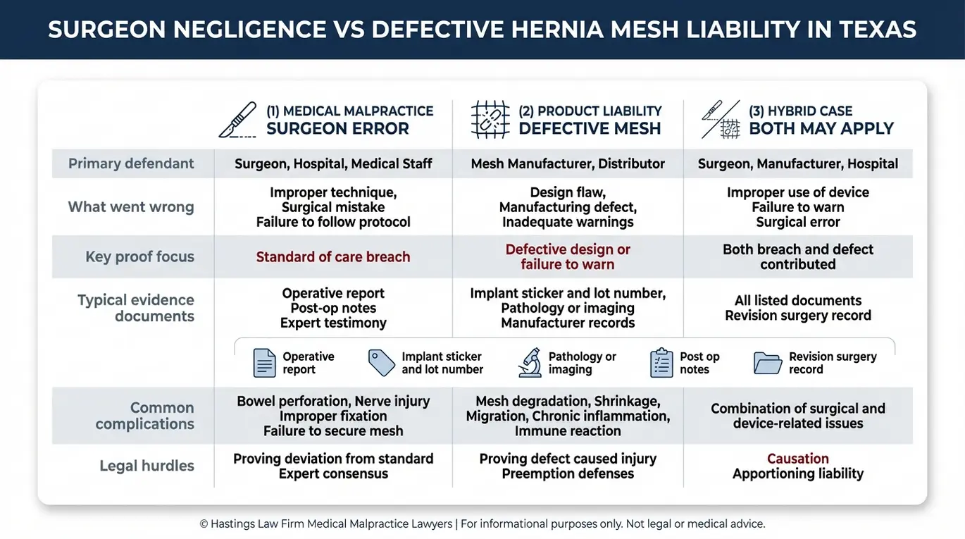 Tabla comparativa que explica los distintos procedimientos de los casos de Texas relacionados con la cirugía de hernia, tanto por negligencia del cirujano como por mallas defectuosas, así como en reclamaciones mixtas, con las pruebas y el material probatorio clave.