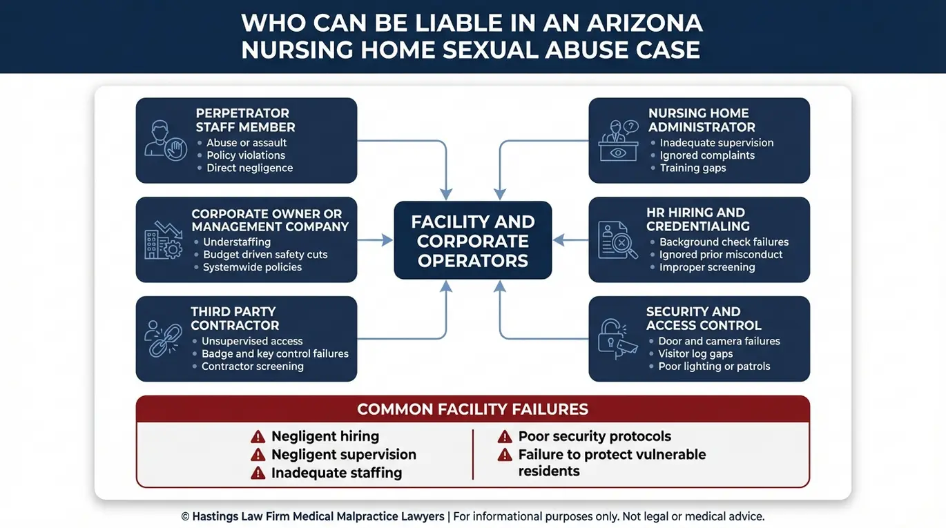Diagrama de relaciones que muestra cómo el administrador de un centro, la empresa propietaria, el personal y los contratistas pueden incurrir en responsabilidad en un caso llevado por un abogado especializado en abuso sexual en hogares de ancianos de Arizona.