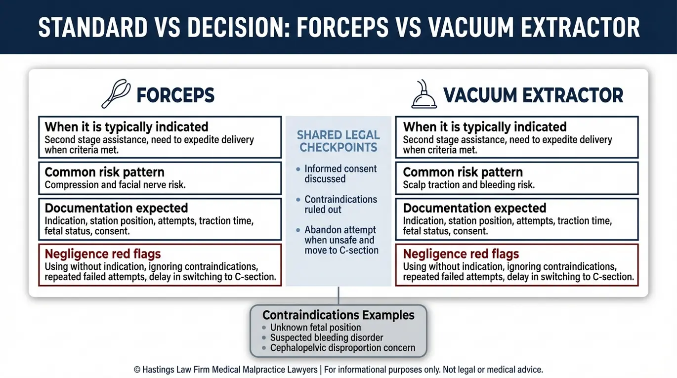 Tabla comparativa para un abogado especializado en lesiones perinatales por fórceps y ventosa (Texas), en la que se muestran las indicaciones del uso del fórceps frente a las del extractor de vacío, los requisitos de documentación, los puntos clave legales comunes y las señales de alerta de negligencia en casos de parto vaginal asistido.