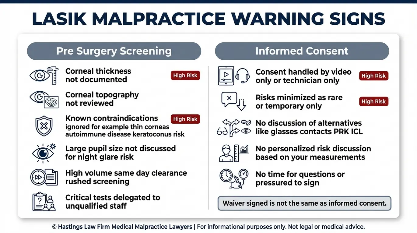 Warning checklist of LASIK center liability red flags used by a Texas LASIK Center Malpractice Lawyer including rushed screening missed contraindications and inadequate informed consent.