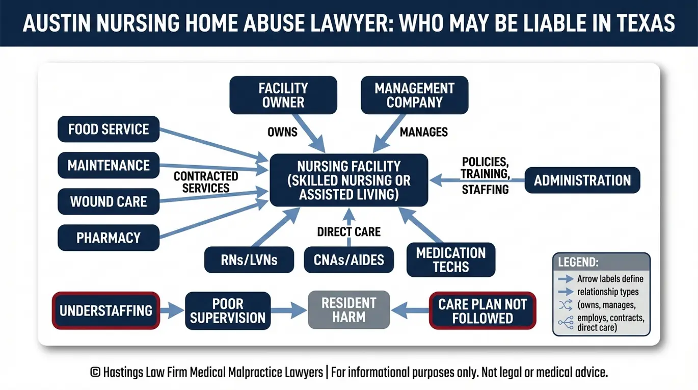 Entity relationship map for an Austin Nursing Home Abuse Lawyer showing who can be sued in Texas including facility owners management companies administrators staff and third party contractors linked to understaffing and care plan failures.