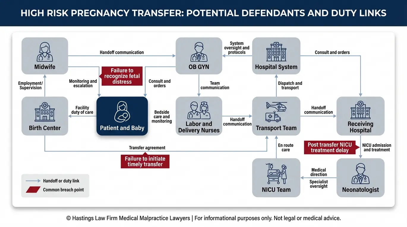 Entity relationship map showing hospitals birth centers clinicians and transport teams that may share liability in a transfer failure analyzed by a Texas High Risk Pregnancy Transfer Failure Lawyer.