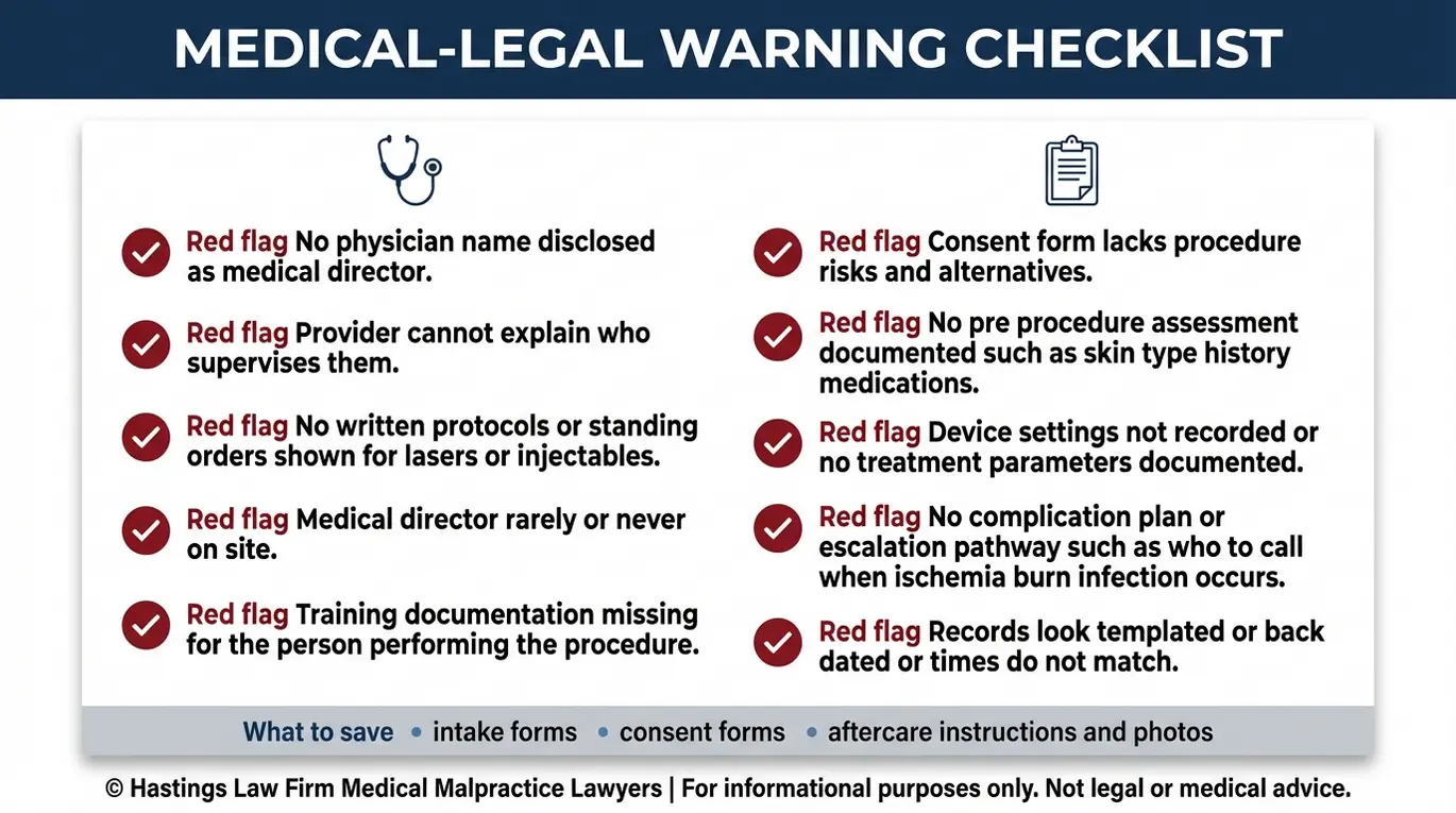 Lista de verificación de advertencias para pacientes que estén considerando contratar a un abogado especializado en negligencia médica en spas médicos Texas, en la que se enumeran señales de alerta sobre protocolos de supervisión falsos por parte del director médico, falta de documentación y fallos en la delegación de funciones en un spa médico.