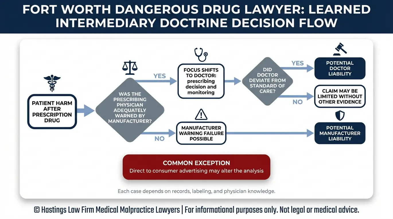 Flowchart showing how a Fort Worth DangerousDrug Lawyer analyzes learned intermediary doctrine liability based on whether the physician was warned and whether the doctor met the standard of care.