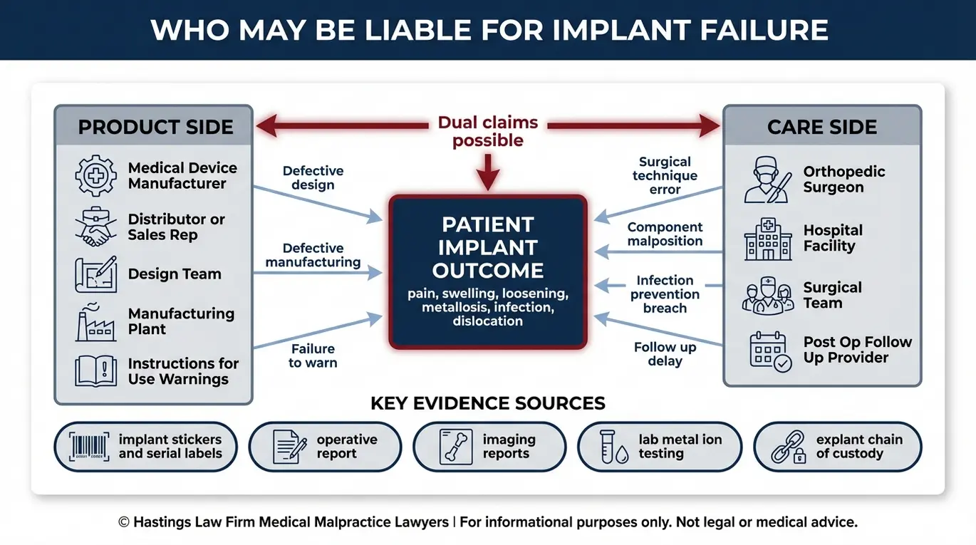 Entity relationship map for a Fort Worth Defective Joint Replacement Lawyer showing how manufacturer product liability and surgeon medical malpractice can both connect to implant failure and patient injury outcomes.