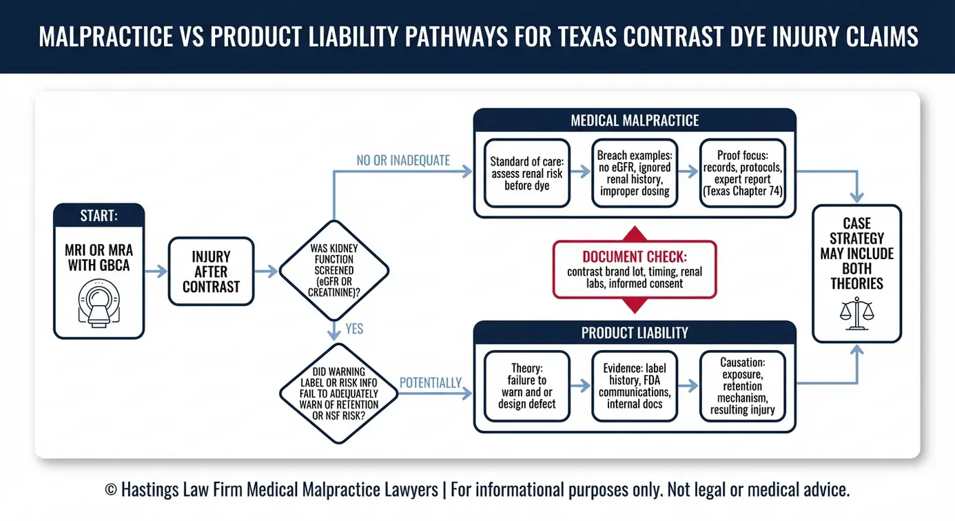 Flowchart outlining medical malpractice versus product liability decision points for a Texas Contrast Dye Injury Lawyer evaluating contrast dye kidney injury and gadolinium retention claims.