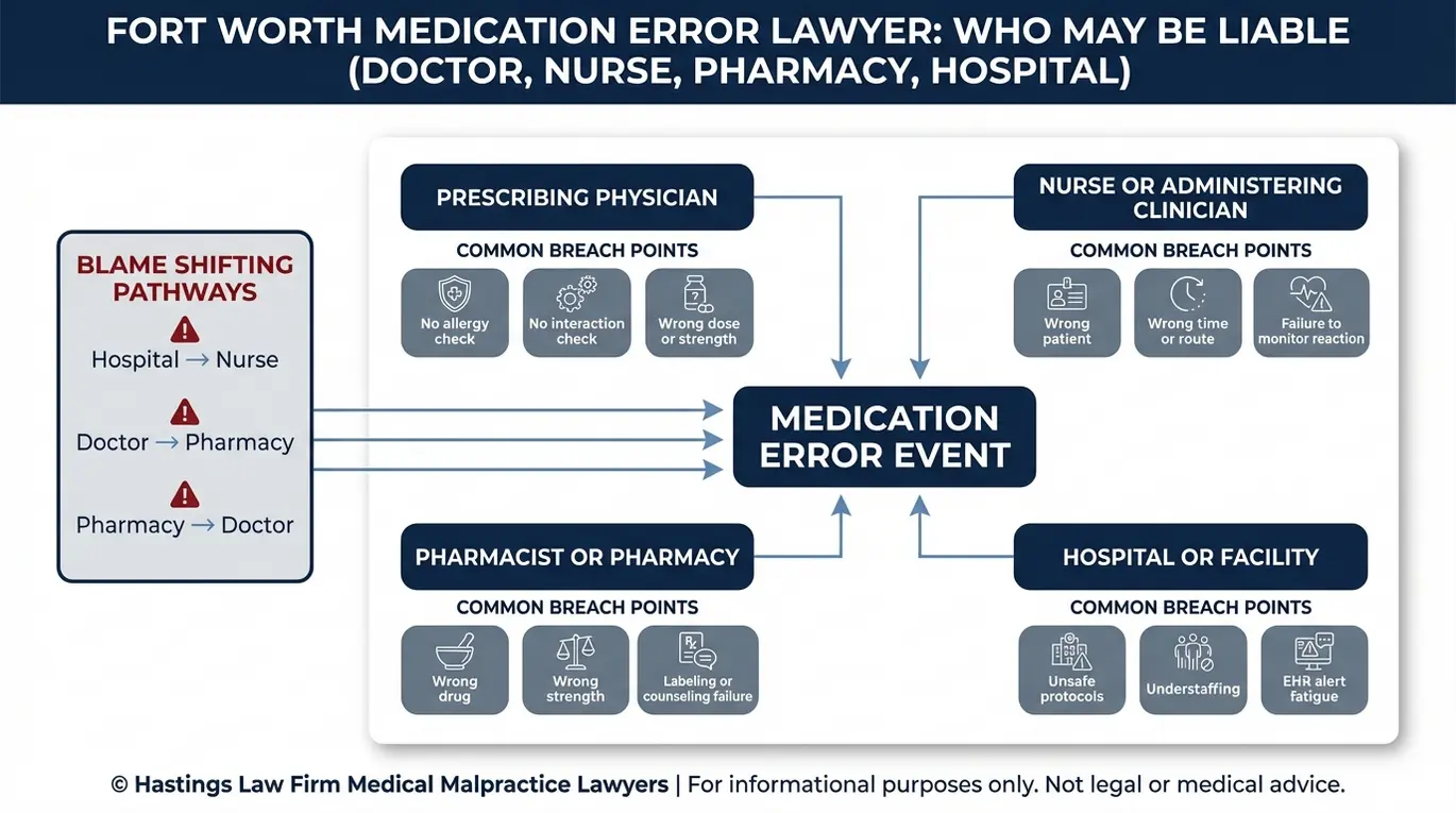 Diagrama de relaciones entre entidades que muestra las vías de responsabilidad de médicos, enfermeros, farmacéuticos, farmacias y hospitales en una demanda presentada ante un abogado especializado en errores de medicación de Fort Worth.