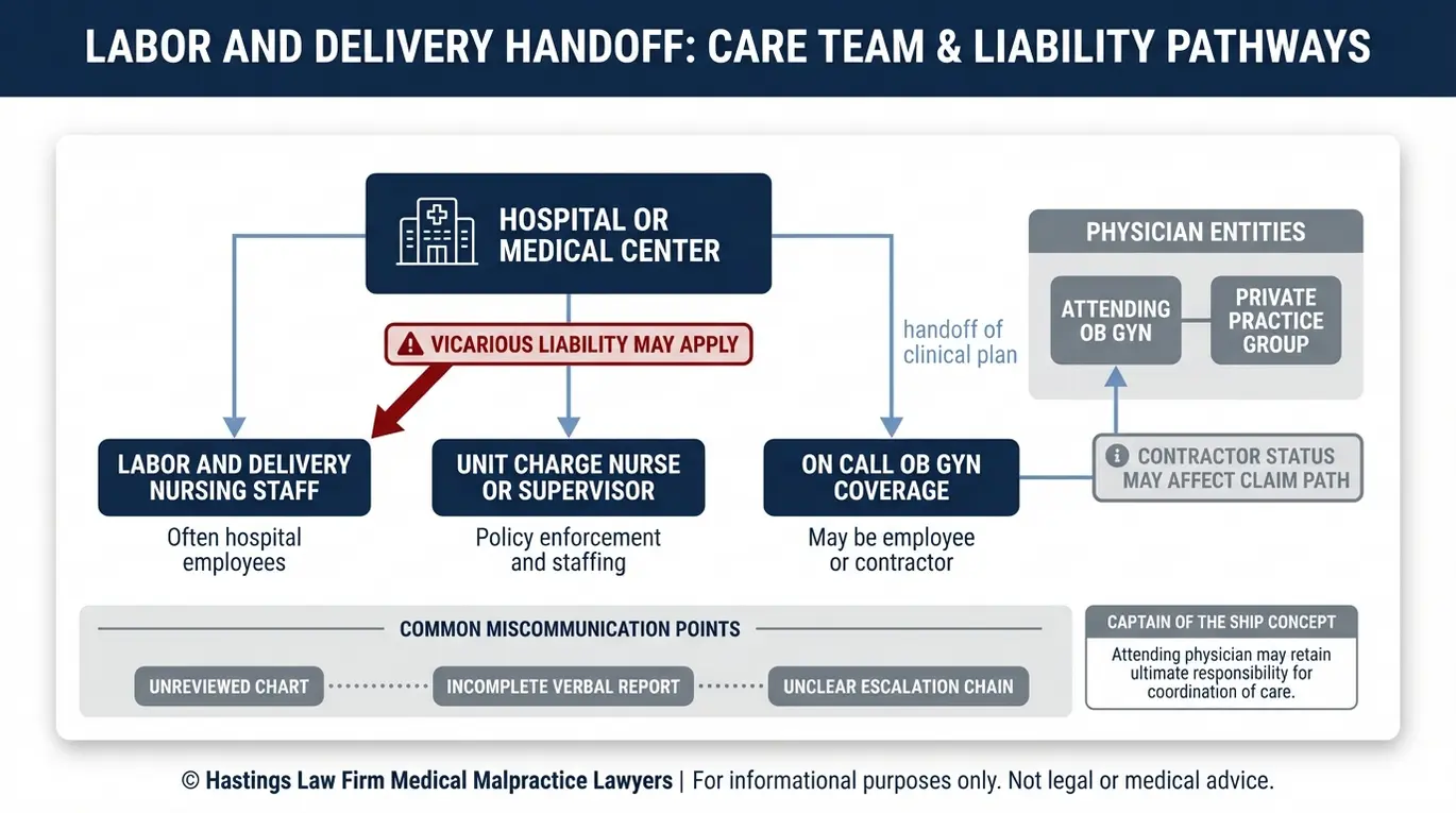 Diagrama de relaciones entre entidades que muestra cómo un abogado especializado en casos de fallos en el traspaso de pacientes durante el parto en Arizona analiza las funciones del personal de enfermería y de los ginecólogos-obstetras del hospital, incluyendo las diferencias entre empleados y contratistas independientes a la hora de determinar la responsabilidad por fallos de comunicación.