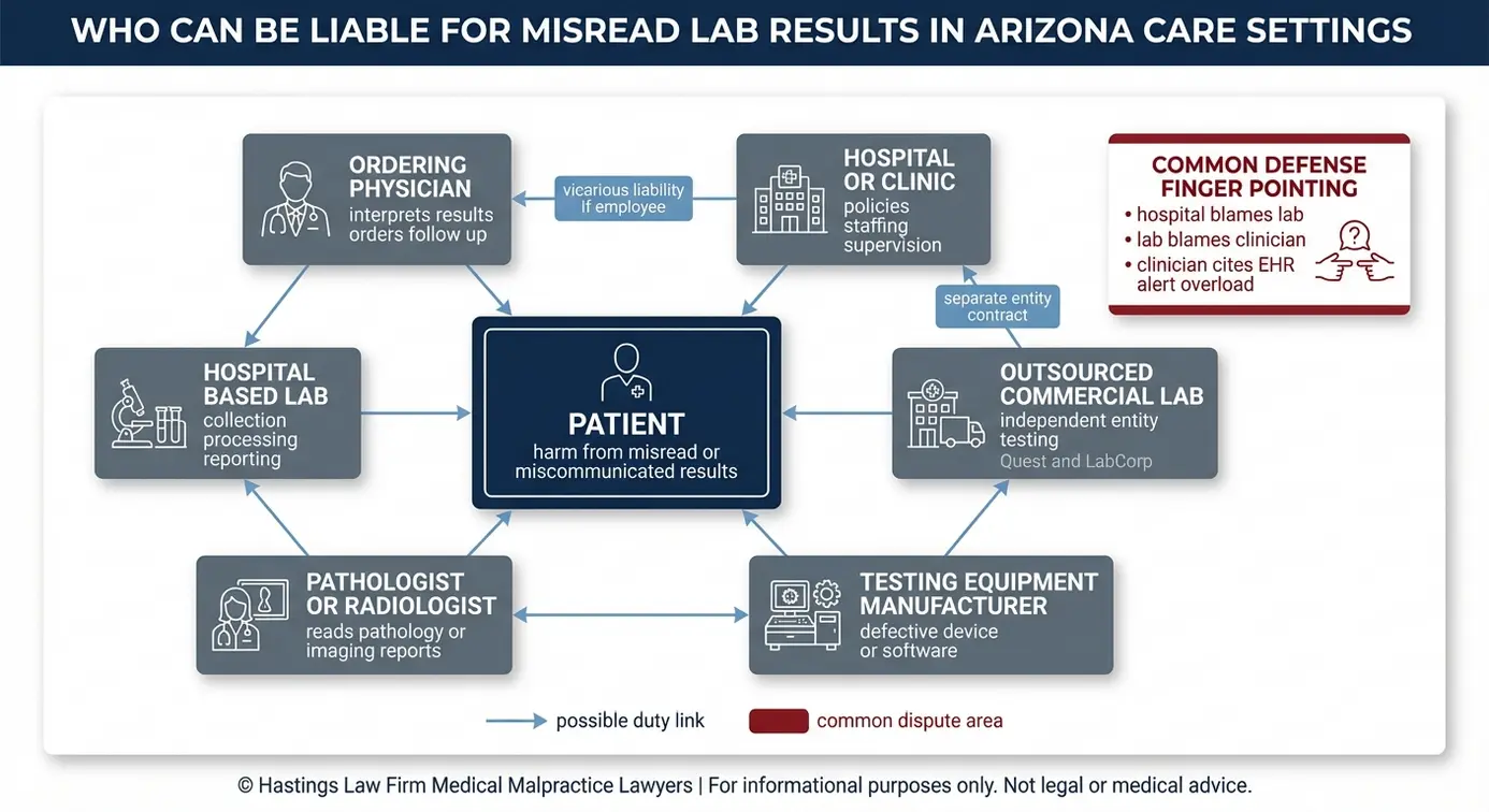 Entity map showing potential defendants and relationship links in a case handled by an Arizona Misread Lab Results Lawyer involving hospitals physicians and outsourced laboratories.