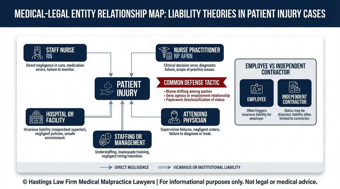 Mapa de entidades que muestra las relaciones de responsabilidad civil y responsabilidad subsidiaria entre la enfermera, la enfermera especializada, el médico responsable y el centro sanitario en un caso de negligencia profesional de enfermería en Arizona.