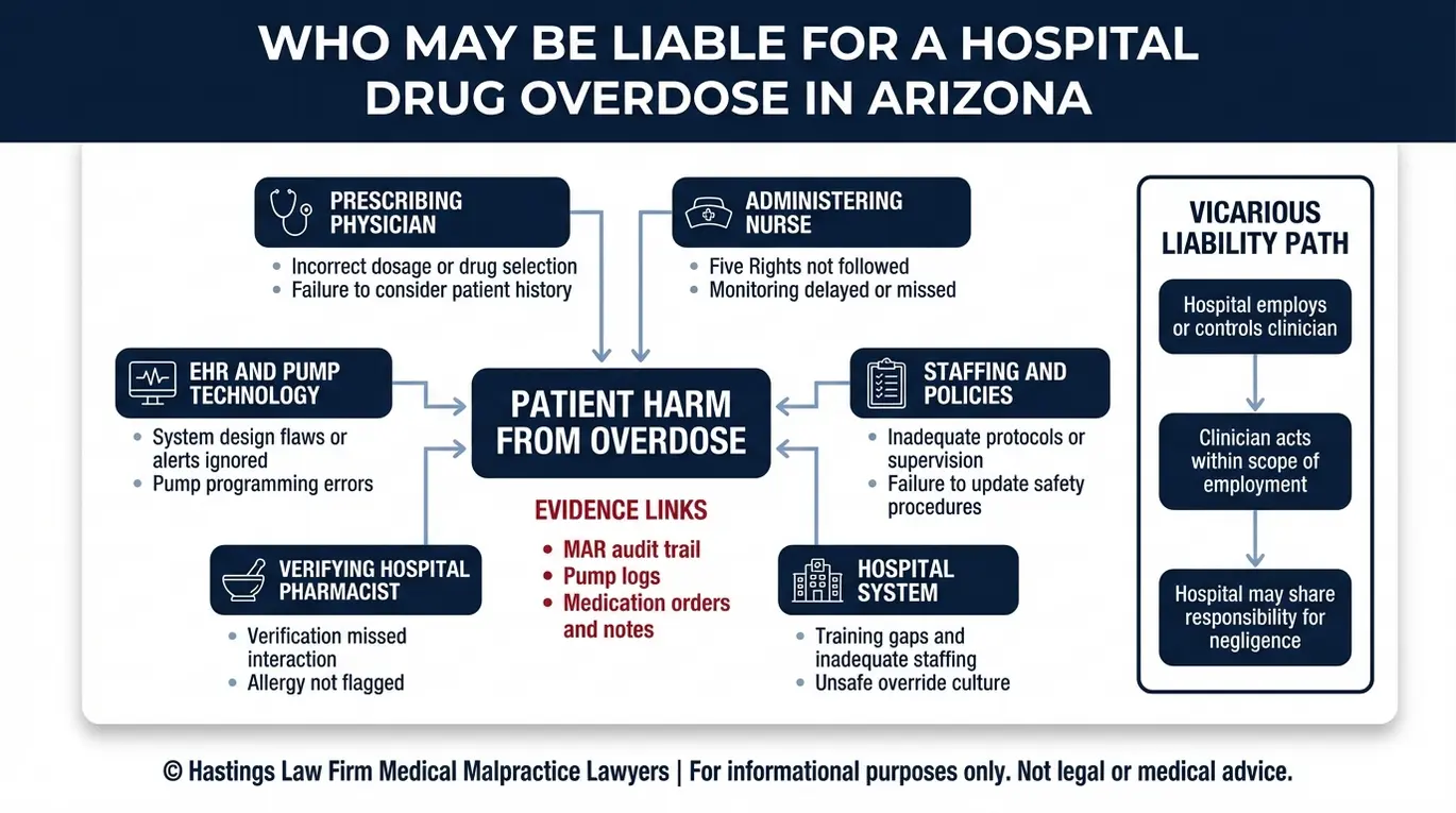 Entity map showing nurse doctor pharmacist and hospital system liability connections for an Arizona hospital medication overdose, highlighting evidence links an Arizona Medication Overdose in Hospital Lawyer investigates.