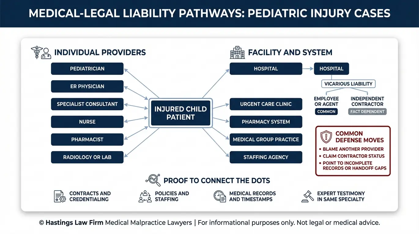 Entity map showing how an Arizona Pediatric Malpractice Lawyer can identify liable parties including pediatricians nurses pharmacists hospitals medical groups and vicarious liability relationships.