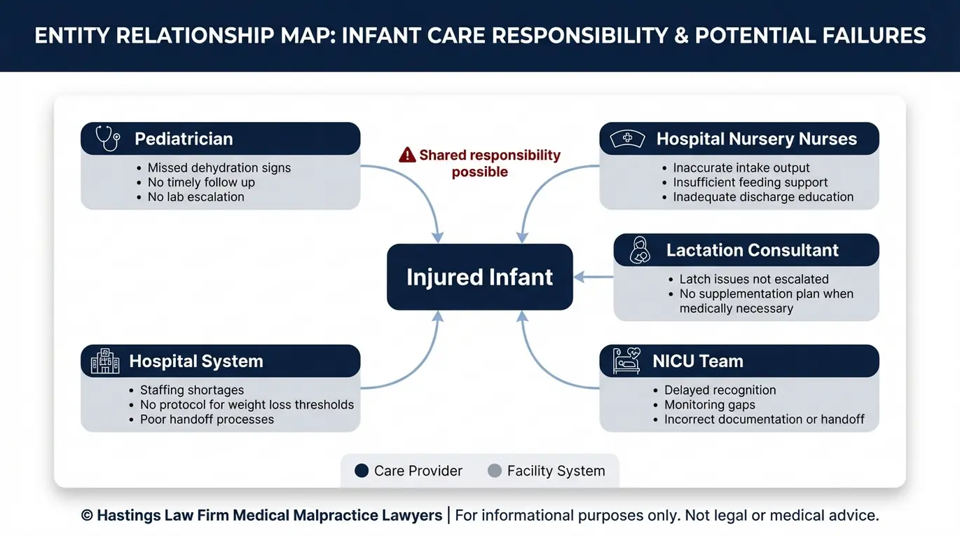Entity relationship map showing potential defendants in an infant dehydration case including pediatrician nurses lactation consultant NICU and hospital system as reviewed by a Texas Hypernatremic Dehydration Lawyer.
