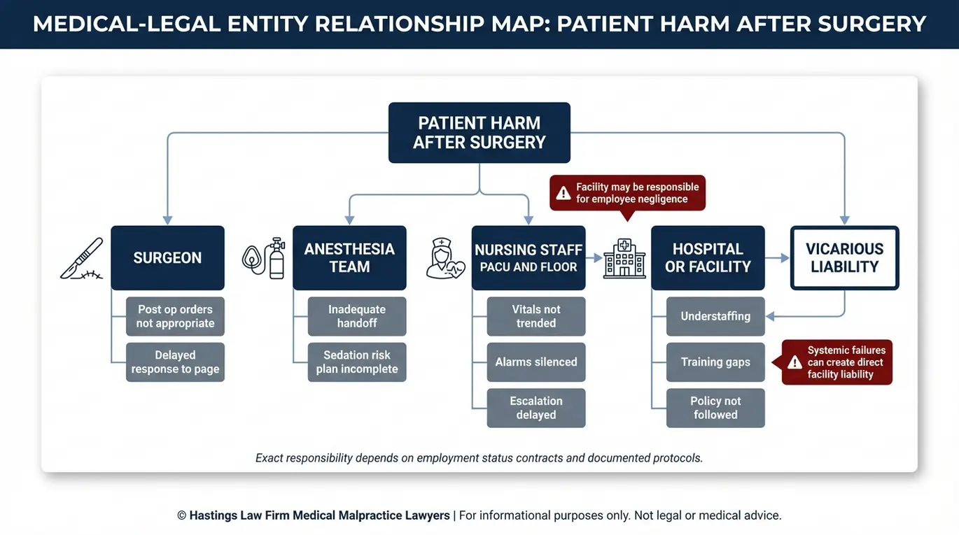 Mapa de relaciones entre entidades que explica las vías de responsabilidad del cirujano, la enfermera, la anestesia y el hospital, incluida la responsabilidad indirecta, en una descripción general de la negligencia posquirúrgica realizada por un abogado especializado en negligencias posquirúrgicas de Arizona.