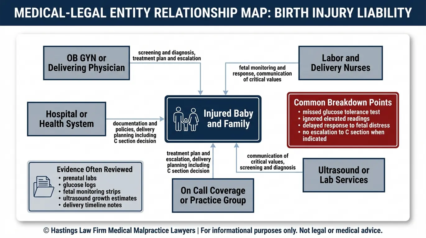 Diagrama de relaciones entre entidades que muestra las funciones de las enfermeras de obstetricia y ginecología y del personal hospitalario, así como los puntos de fallo habituales que utiliza un abogado especializado en negligencia médica por diabetes gestacional de Arizona para demostrar la negligencia y la responsabilidad.
