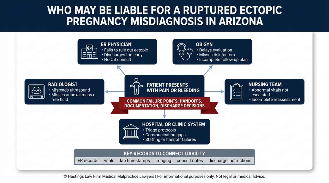 Entity relationship map for an Arizona Ectopic Pregnancy Misdiagnosis Lawyer showing how ER doctors, OB GYNs, radiologists, nurses, and hospitals can share liability.