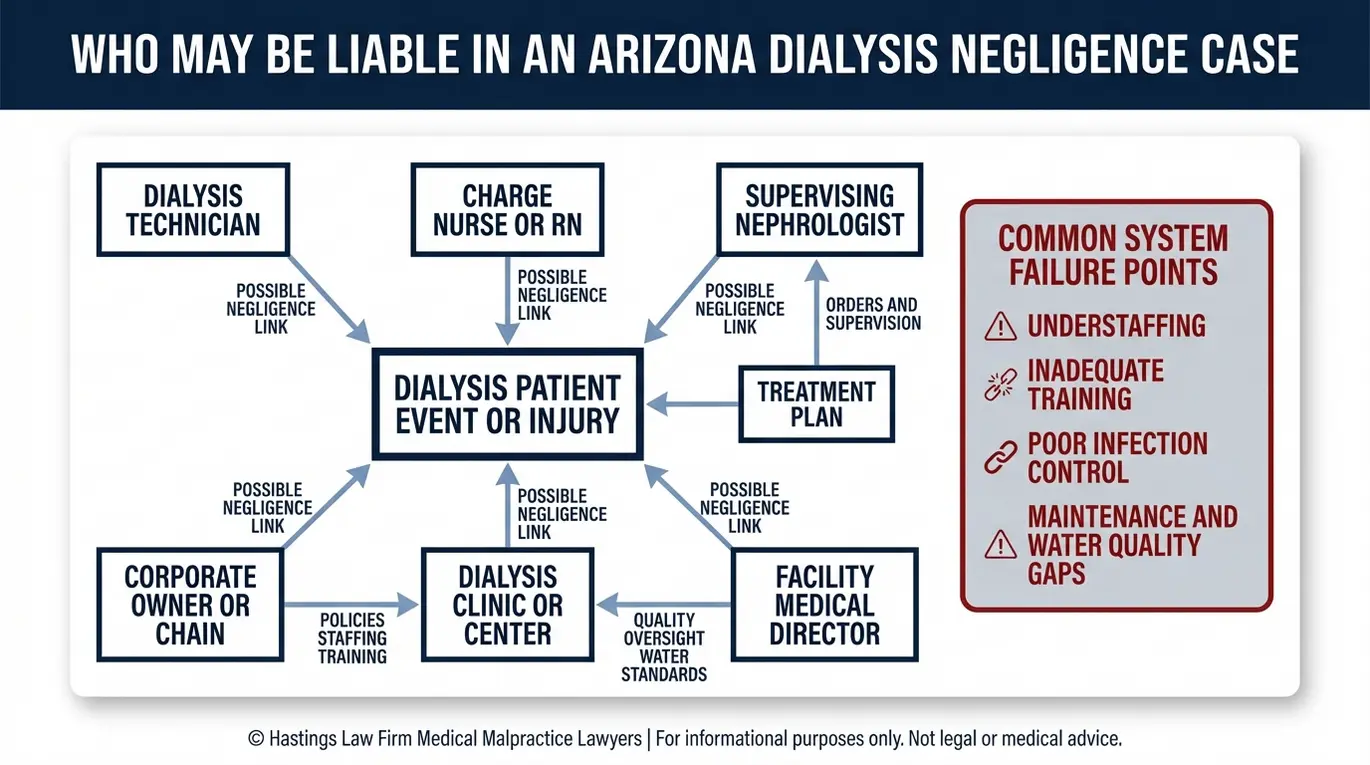 Diagrama de relaciones entre entidades que muestra los posibles demandados y los vínculos de supervisión en un análisis de responsabilidad civil realizado por un abogado especializado en negligencia médica en diálisis de Arizona.