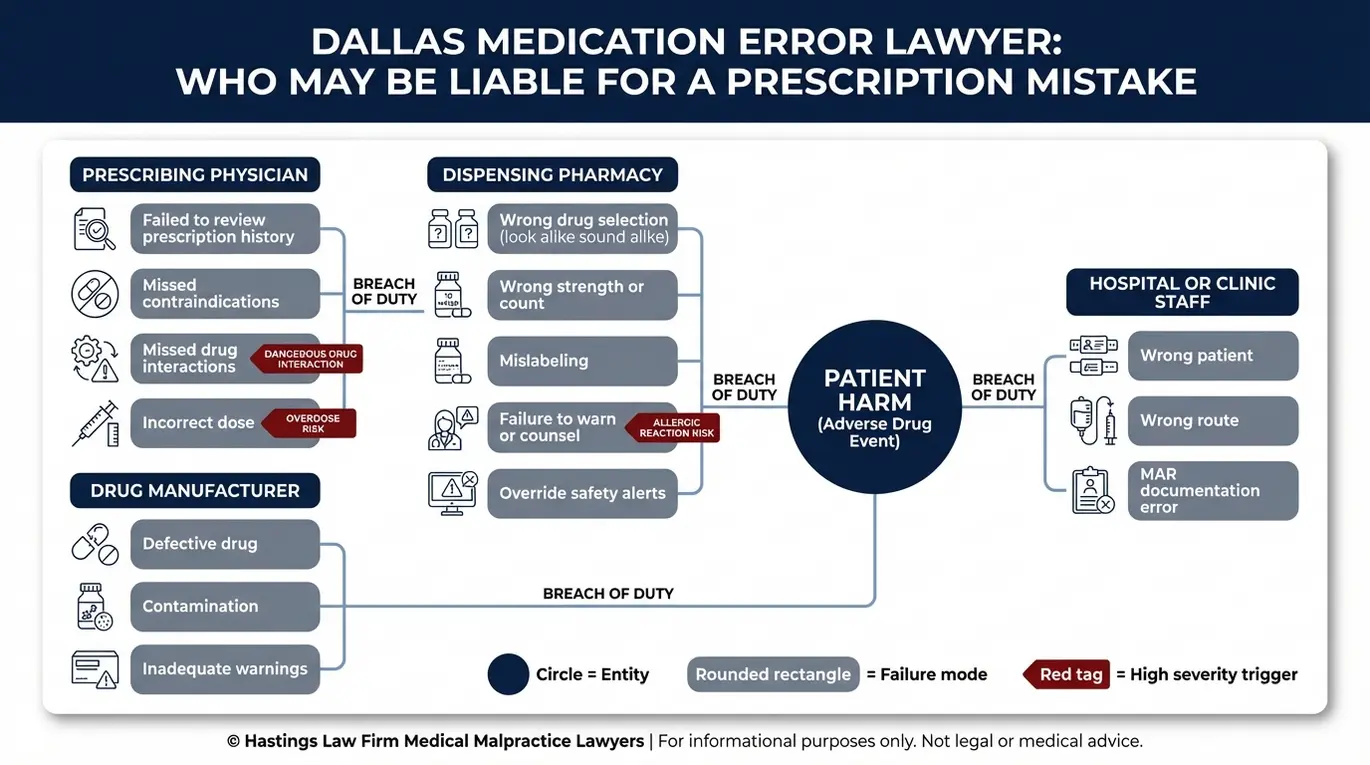 Entity relationship map outlining doctor pharmacy hospital staff and manufacturer liability triggers in a Dallas Medication Error Lawyer claim.